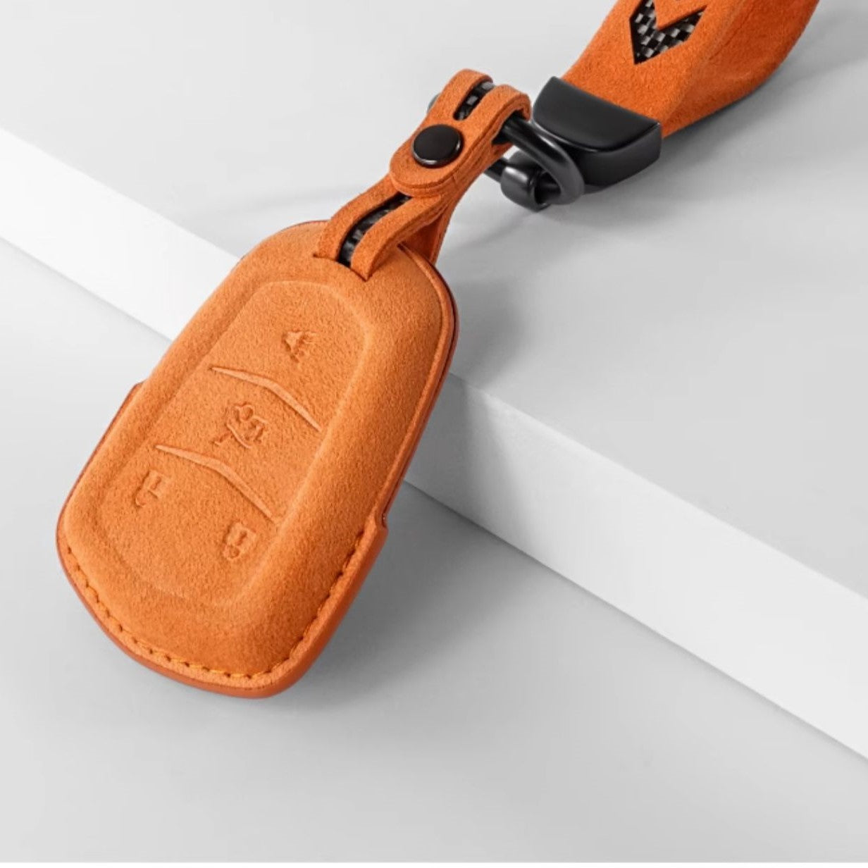 Alcantara Key Fob Cover for Cadillac Escalade 4 Buttons Key Bright Orange 2| Racesio.com
